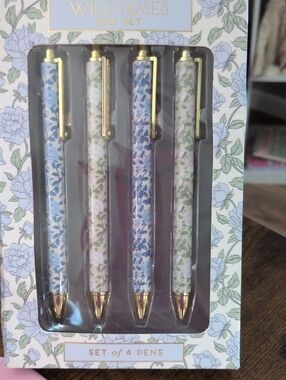 Wild Rose Floral Pen Set – Pastel Blue, Green (Set of 4)